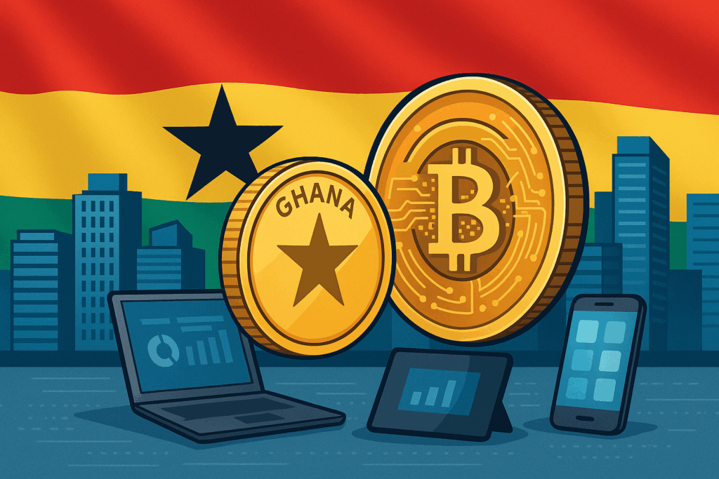 Digital illustration representing Gold vs Real Estate in Ghana in a futuristic Accra skyline.