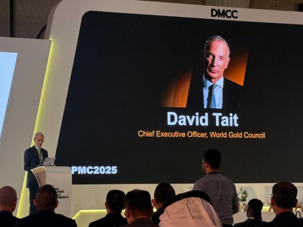 David Tait delivering a keynote speech at the Dubai Gold Conference 2025