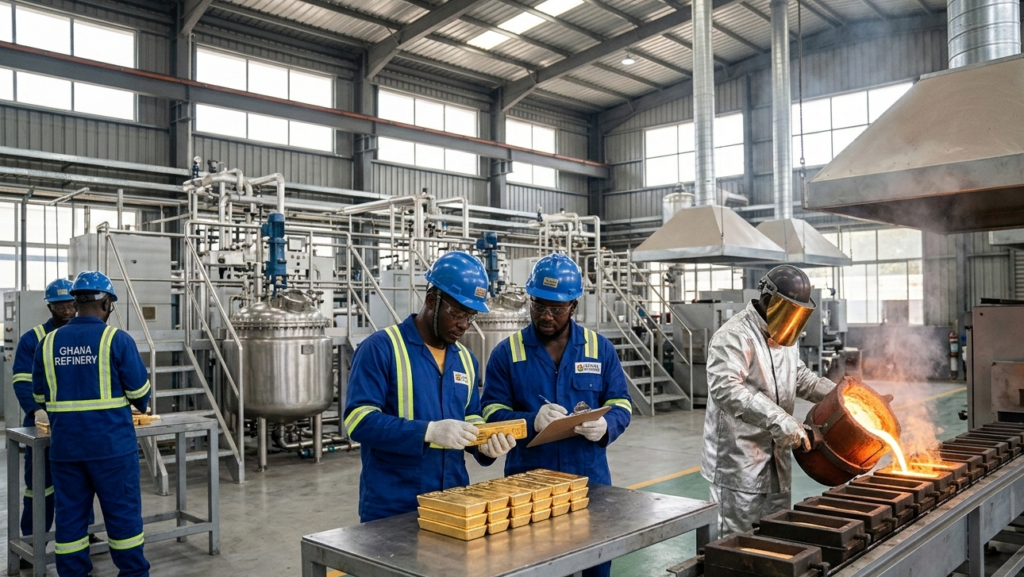 Workers inspecting gold bars at a modern gold refinery facility in Ghana